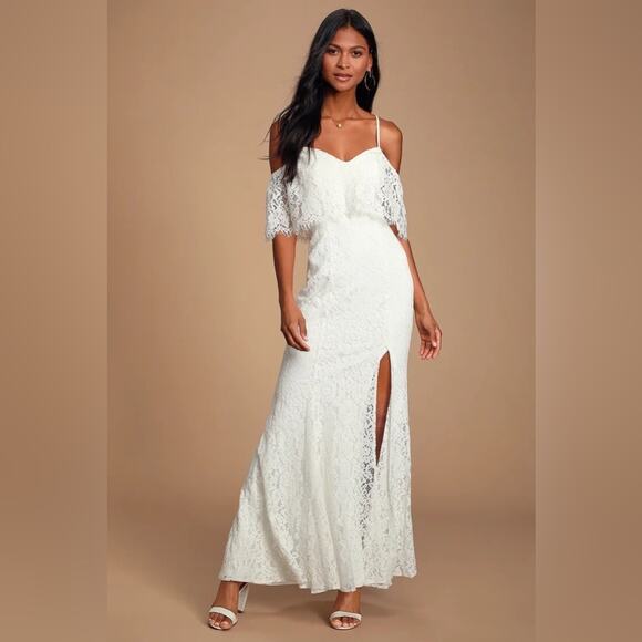 NWT Lulus Caterina White Lace Off-the-Shoulder Mermaid Maxi Dress Gown XS - Picture 12 of 16